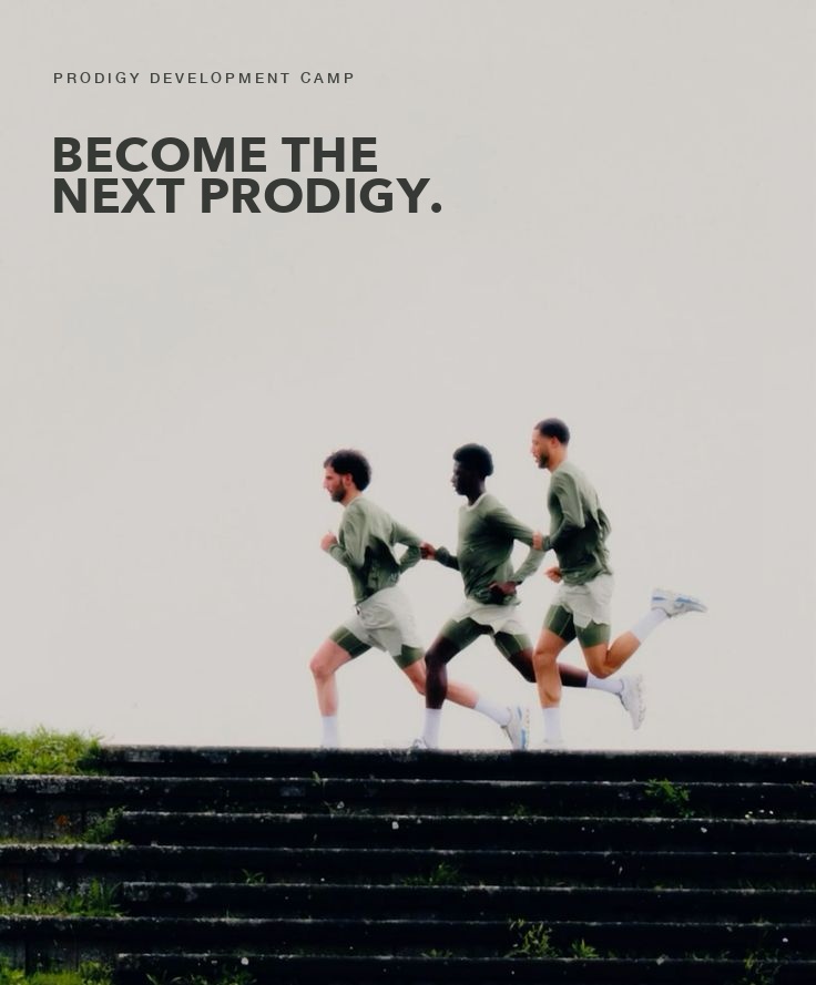 Prodigy Development Camp: three athletes running along the top of stadium steps. Become the next prodigy.